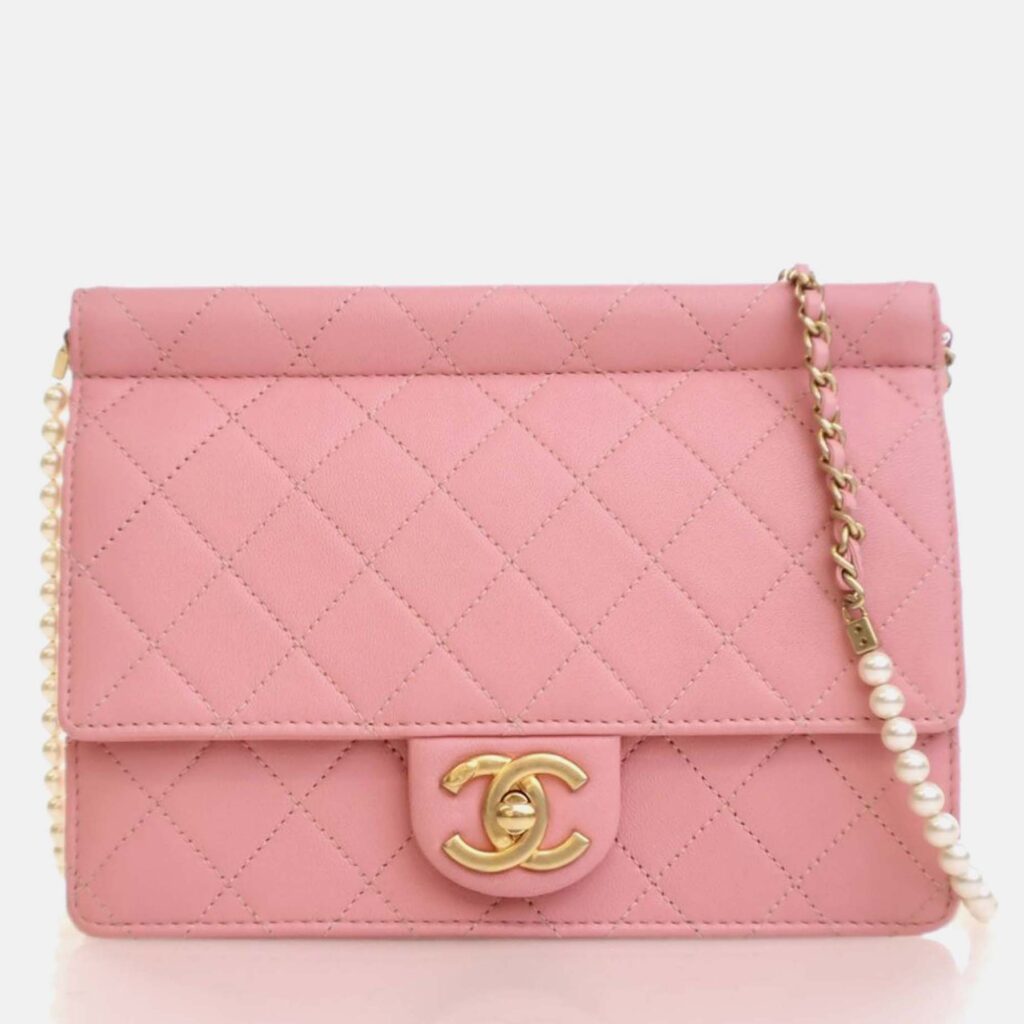 Chanel Pearl Chain Pink Goatskin Flap Bag Chanel Pearl Chain Pink Goatskin Flap Bag