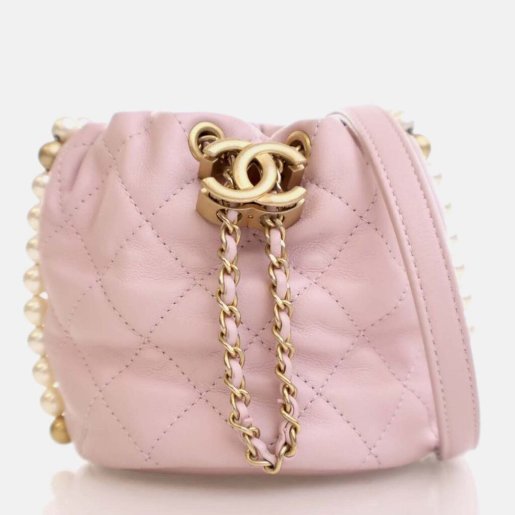 Chanel About Pearls Mini Pink Lambskin Drawstring Bucket Bag Chanel About Pearls Mini Pink Lambskin Drawstring Bucket Bag