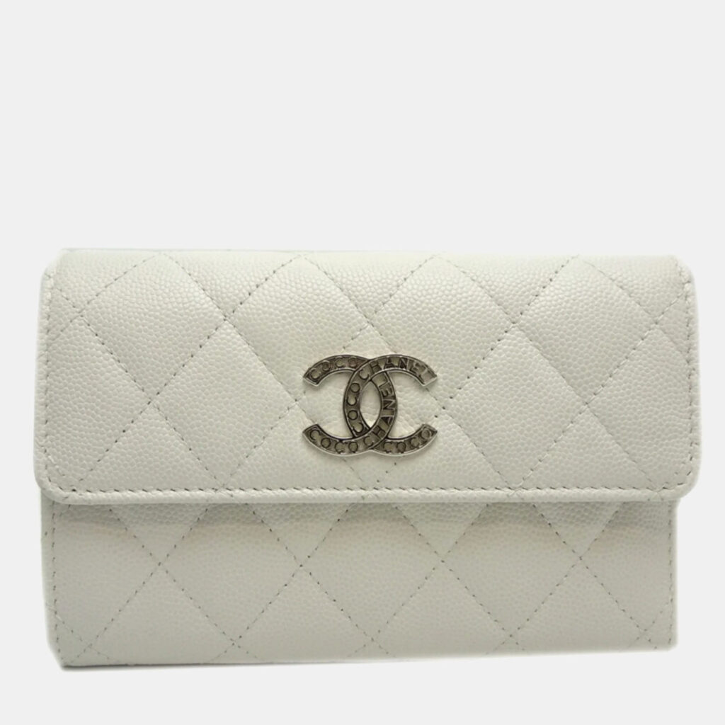 Chanel White Caviar Skin Long Tri-Fold Wallet