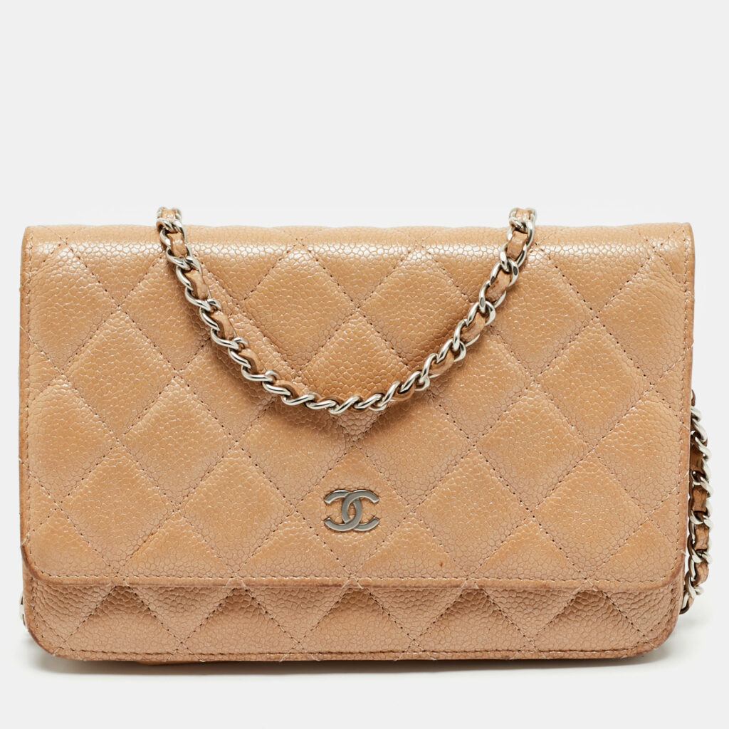 Chanel Beige Quilted Caviar Leather CC Wallet On Chain