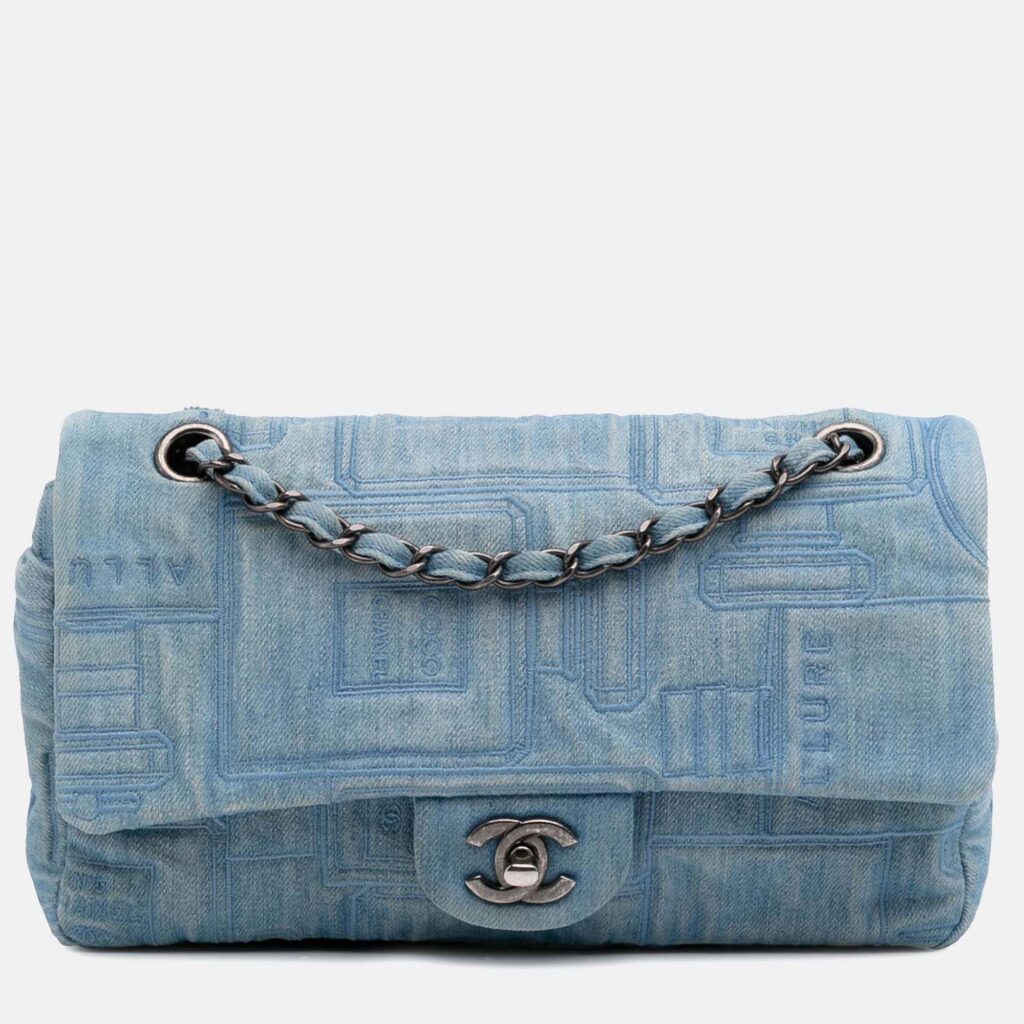 Chanel Blue Medium Embroidered Denim Perfume Bottle Single Flap Chanel Blue Medium Embroidered Denim Perfume Bottle Single Flap