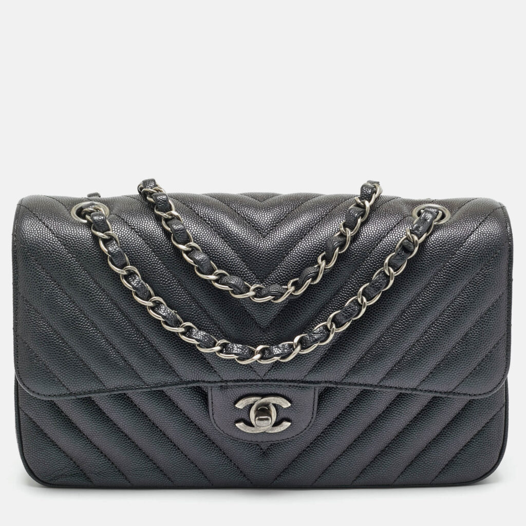 Chanel Black Chevron Caviar Leather Medium Classic Double Flap Bag