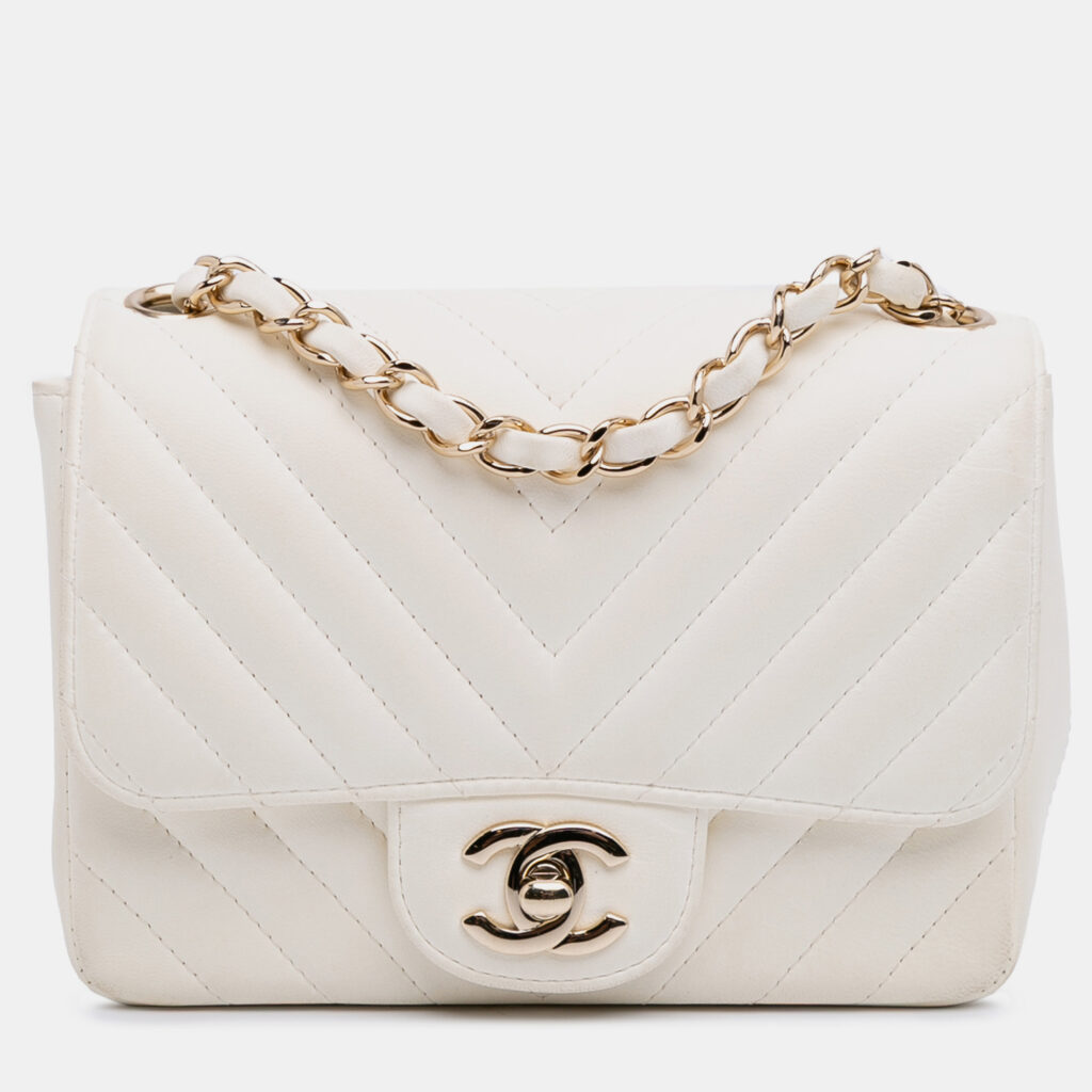 Chanel White Mini Square Classic Chevron Lambskin Single Flap Chanel White Mini Square Classic Chevron Lambskin Single Flap