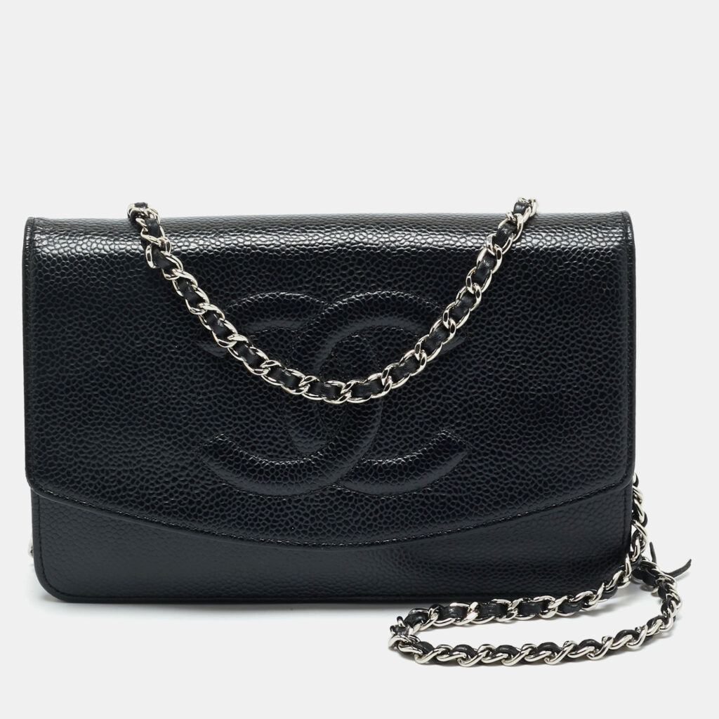 Chanel Black Caviar Leather CC Timeless Wallet On Chain