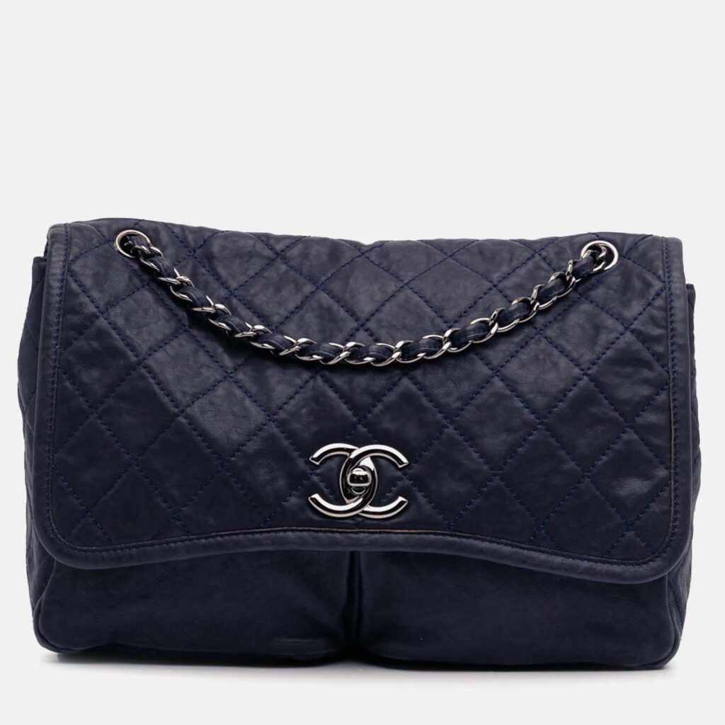 luxury-women-chanel-used-handbags-p1175759-011-1.jpg Chanel Navy Blue Large Quilted Calfskin Natural Beauty Split Pocket Flap