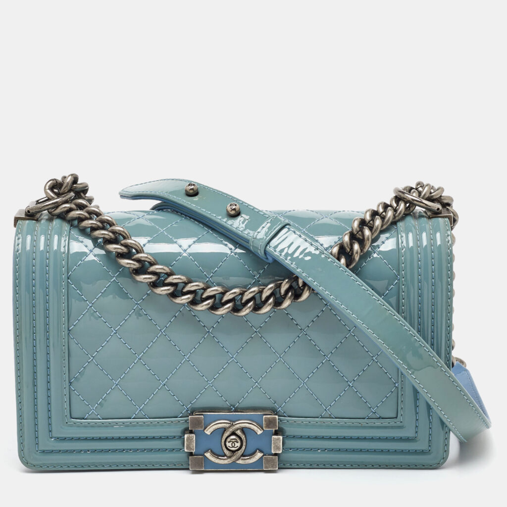 Chanel Light Blue Patent and Leather Medium Classic Boy Flap Bag Chanel Light Blue Patent and Leather Medium Classic Boy Flap Bag