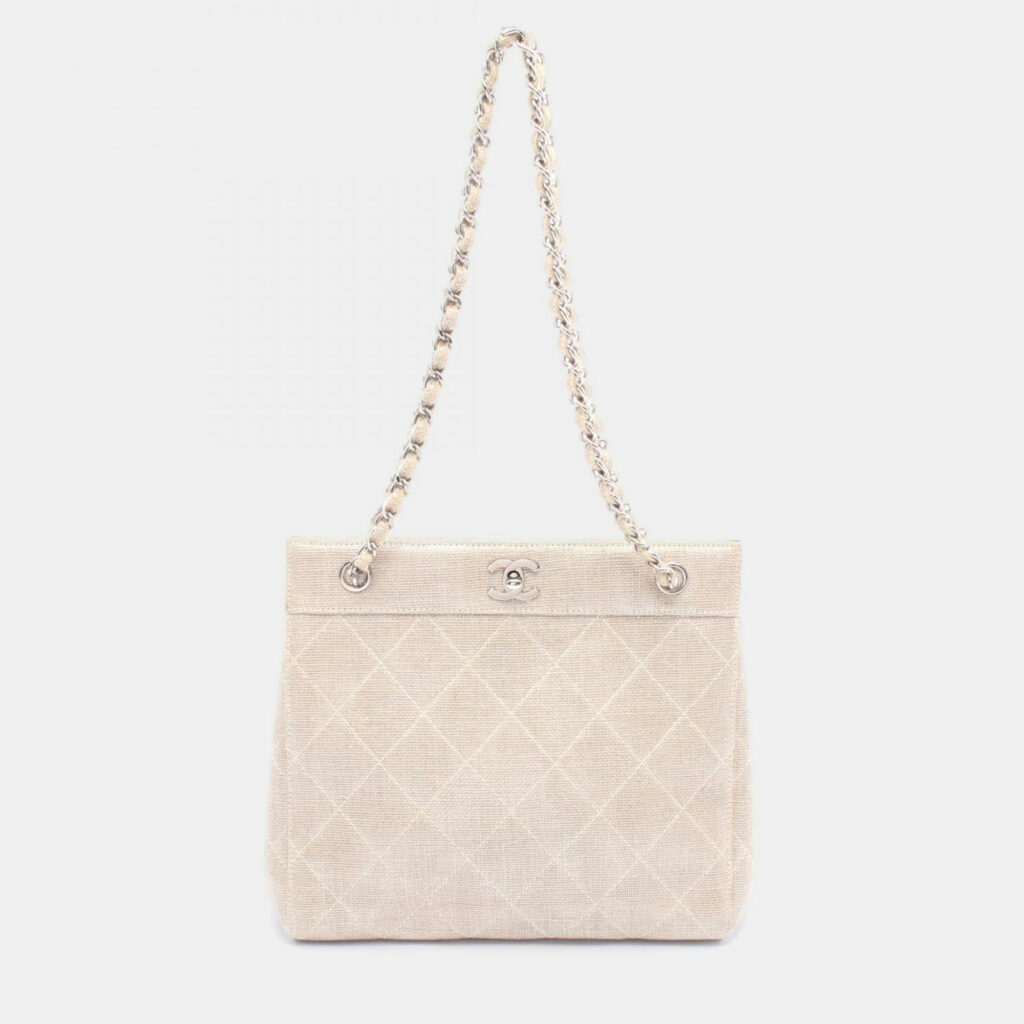 Chanel Matelasse Chain Shoulder Bag Linen Canvas Beige Shw