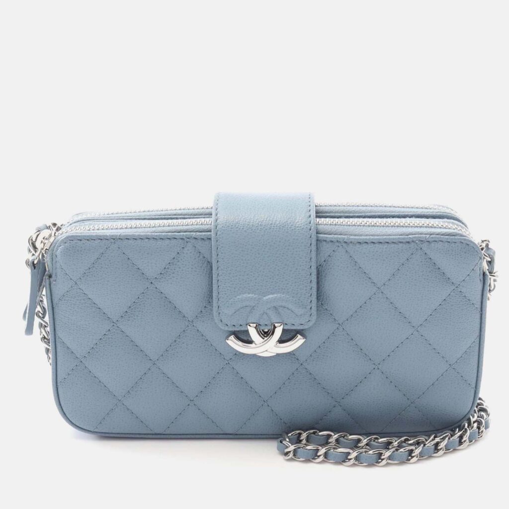 Chanel CC Blue Caviar Quilted Box Clutch With Chain