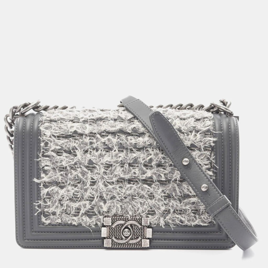 Chanel Boy Gray Fabric Leather Chain Shoulder Bag