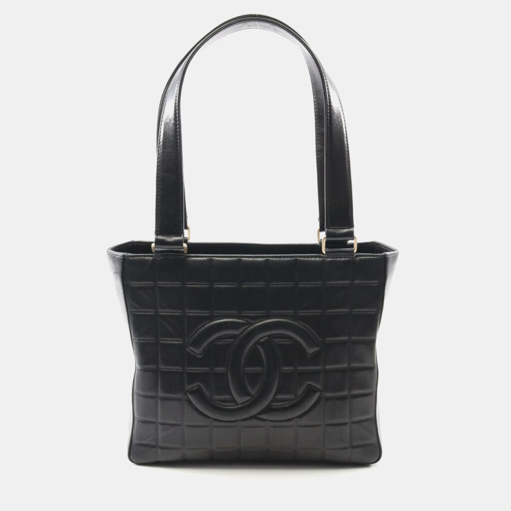 Chanel Chocolate Bar Tote Shoulder Bag Lambskin Leather Black Ghw