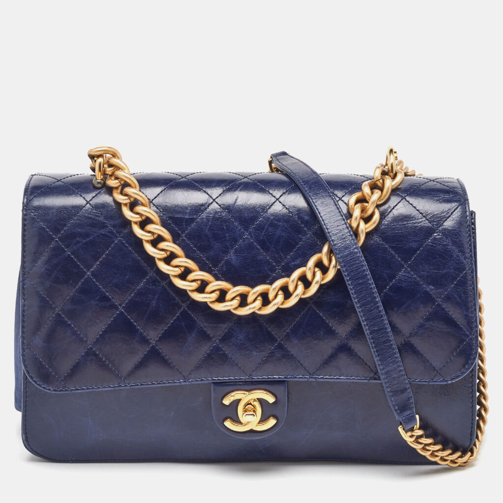 Chanel Navy Blue Quilted Leather Paris-Cosmopolite Straight Lined Flap Bag Chanel Navy Blue Quilted Leather Paris-Cosmopolite Straight Lined Flap Bag