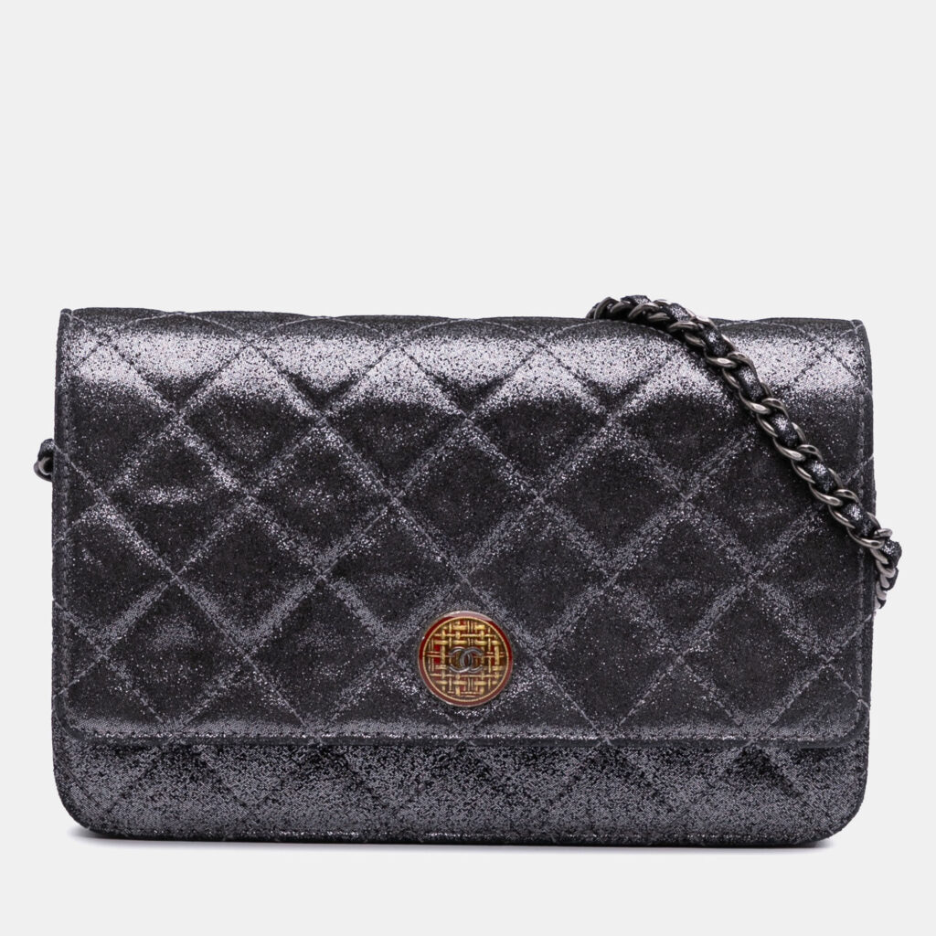 Chanel Silver Quilted Iridescent Lambskin Tartan Button Wallet On Chain Chanel Silver Quilted Iridescent Lambskin Tartan Button Wallet On Chain