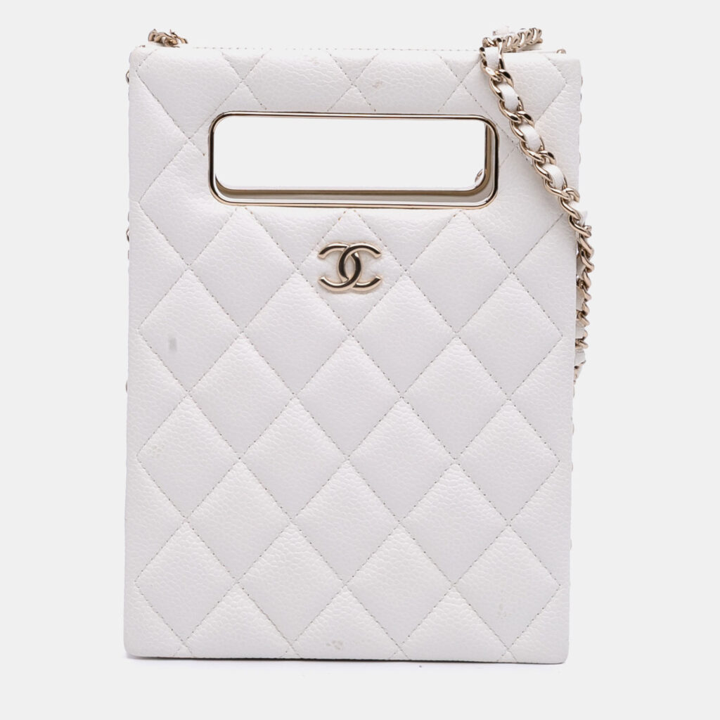 Chanel White Mini Quilted Caviar Cut Out Evening Tote Chanel White Mini Quilted Caviar Cut Out Evening Tote