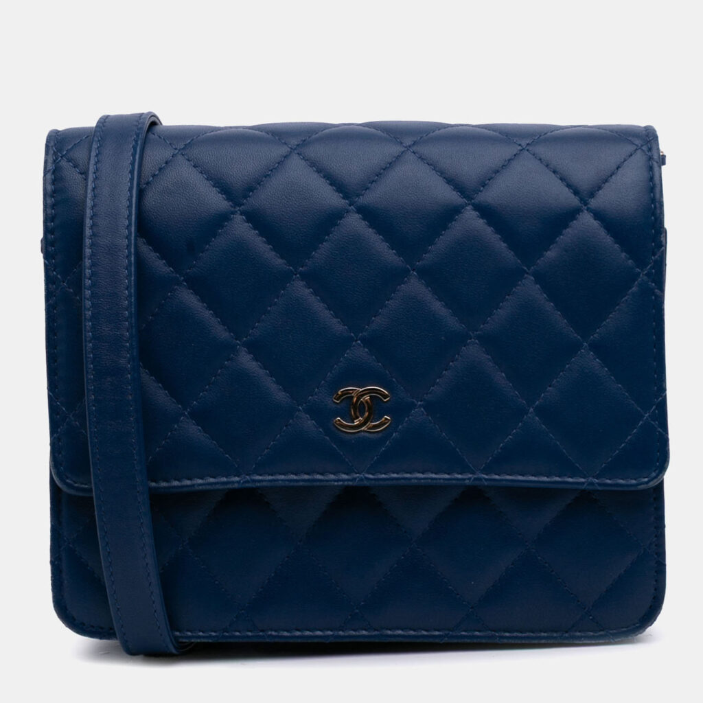 Chanel Blue Quilted Lambskin Square Wallet on Chain Chanel Blue Quilted Lambskin Square Wallet on Chain