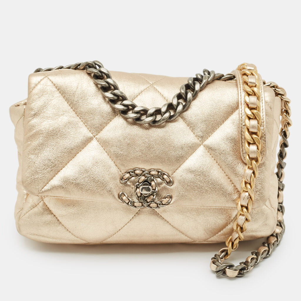 Chanel Gold Quilted Leather Small 19 Flap Bag Chanel Gold Quilted Leather Small 19 Flap Bag