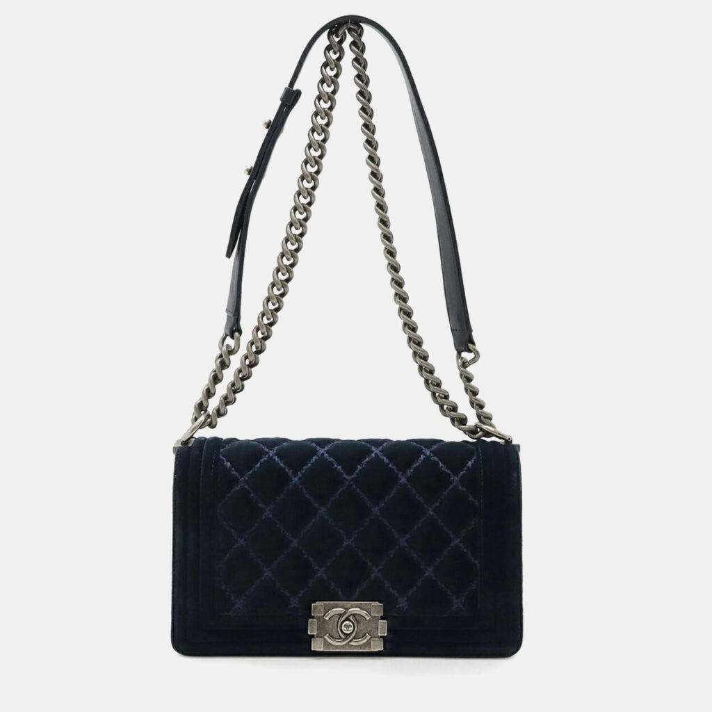 Chanel Boy Navy Velour Chain Shoulder Bag Chanel Boy Navy Velour Chain Shoulder Bag