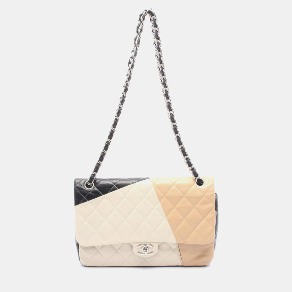 Chanel Double Flap Black White Beige Lambskin Shoulder Bag Chanel Double Flap Black White Beige Lambskin Shoulder Bag