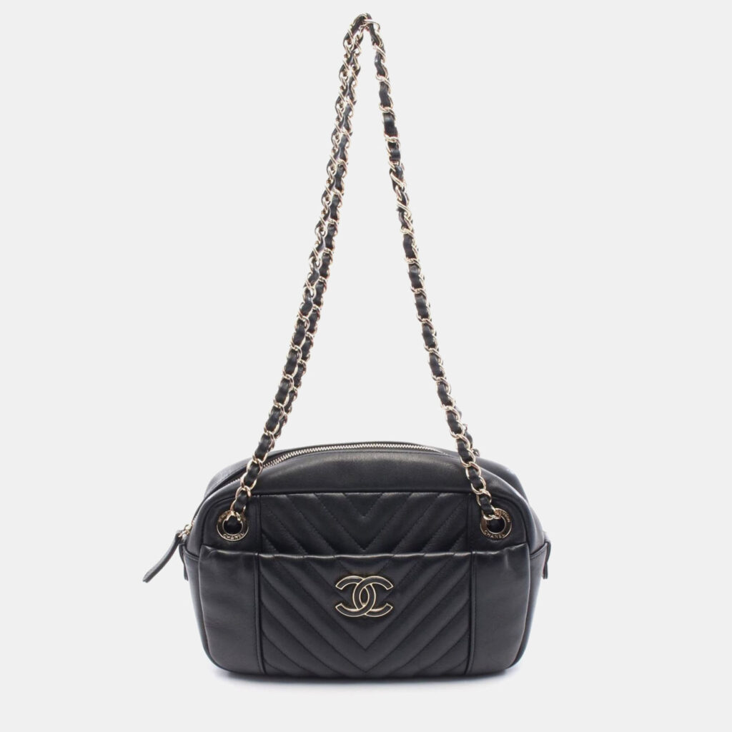 Chanel V-Stitch Chevron Black Lambskin Chain Shoulder Bag