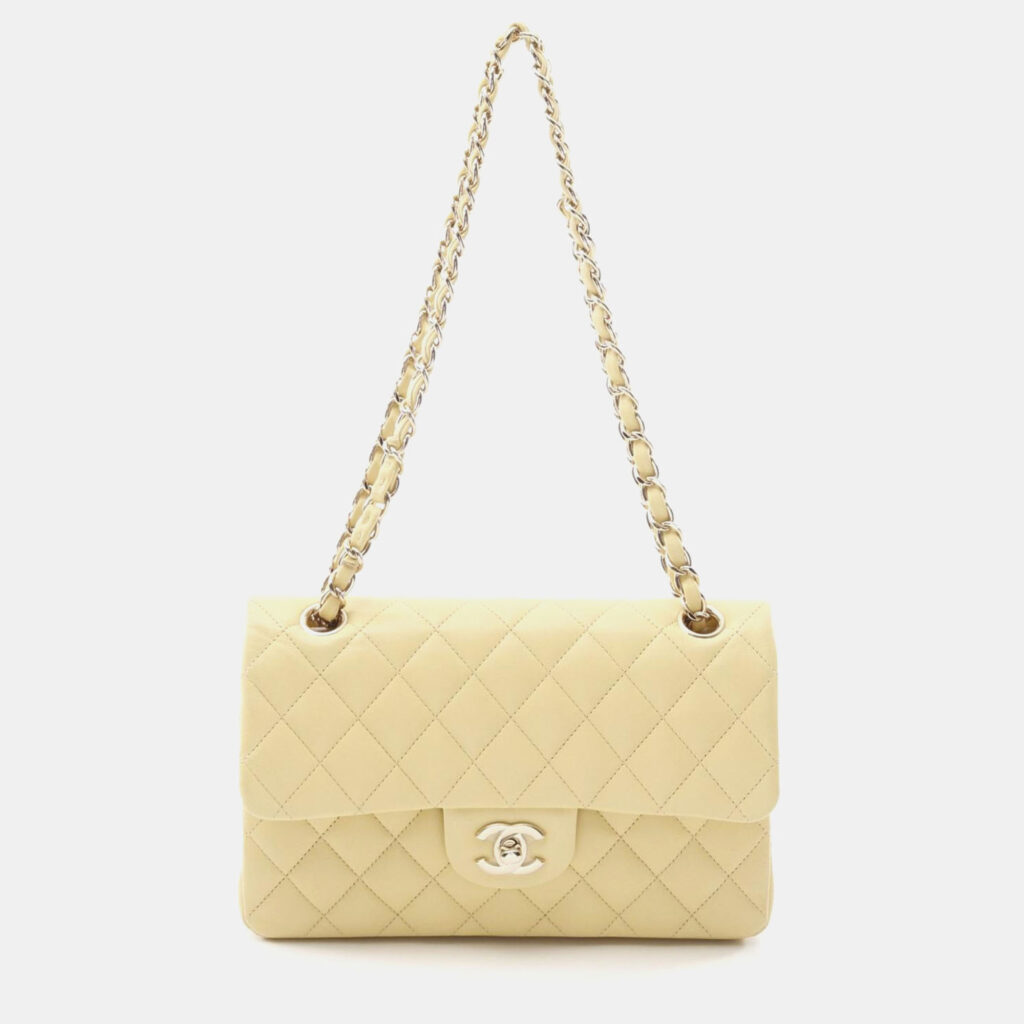 Chanel Matelasse W Flap Yellow Lambskin Chain Shoulder Bag Chanel Matelasse W Flap Yellow Lambskin Chain Shoulder Bag