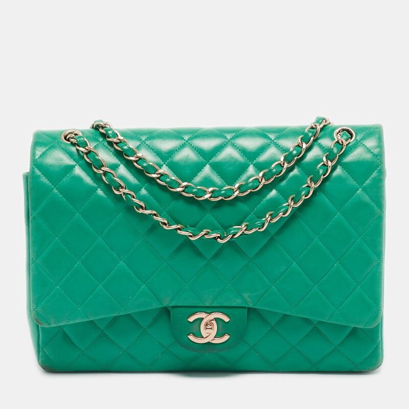 Chanel Green Quilted Lambskin Leather Maxi Classic Double Flap Bag Chanel Green Quilted Lambskin Leather Maxi Classic Double Flap Bag