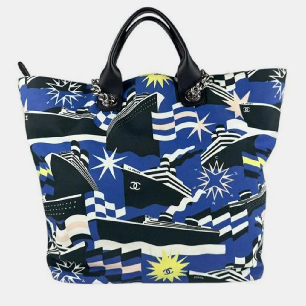 Chanel Cruise Collection Blue Black White Canvas Leather Shoulder Bag Chanel Cruise Collection Blue Black White Canvas Leather Shoulder Bag