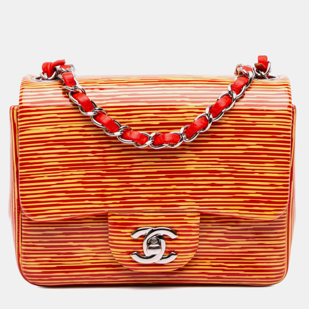 Chanel Orange Mini Square Classic Patent Striped Single Flap Bag Chanel Orange Mini Square Classic Patent Striped Single Flap Bag