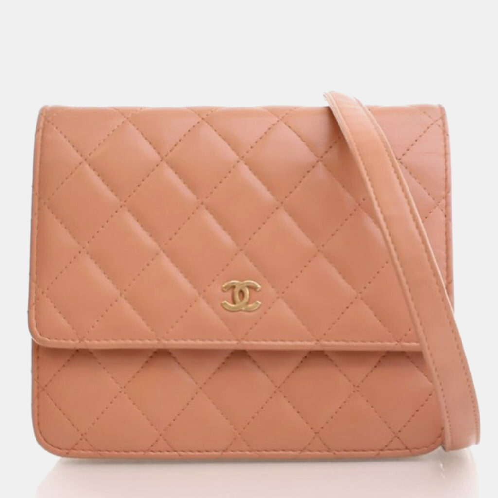 Chanel Square Beige Pink Lambskin Wallet On Chain Chanel Square Beige Pink Lambskin Wallet On Chain