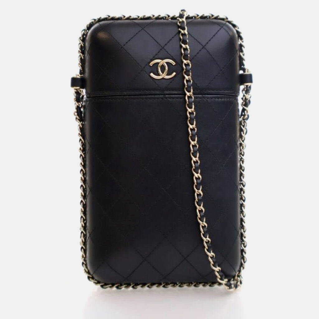Chanel Phone Holder Black Lambskin Chain Around Shoulder Bag Chanel Phone Holder Black Lambskin Chain Around Shoulder Bag