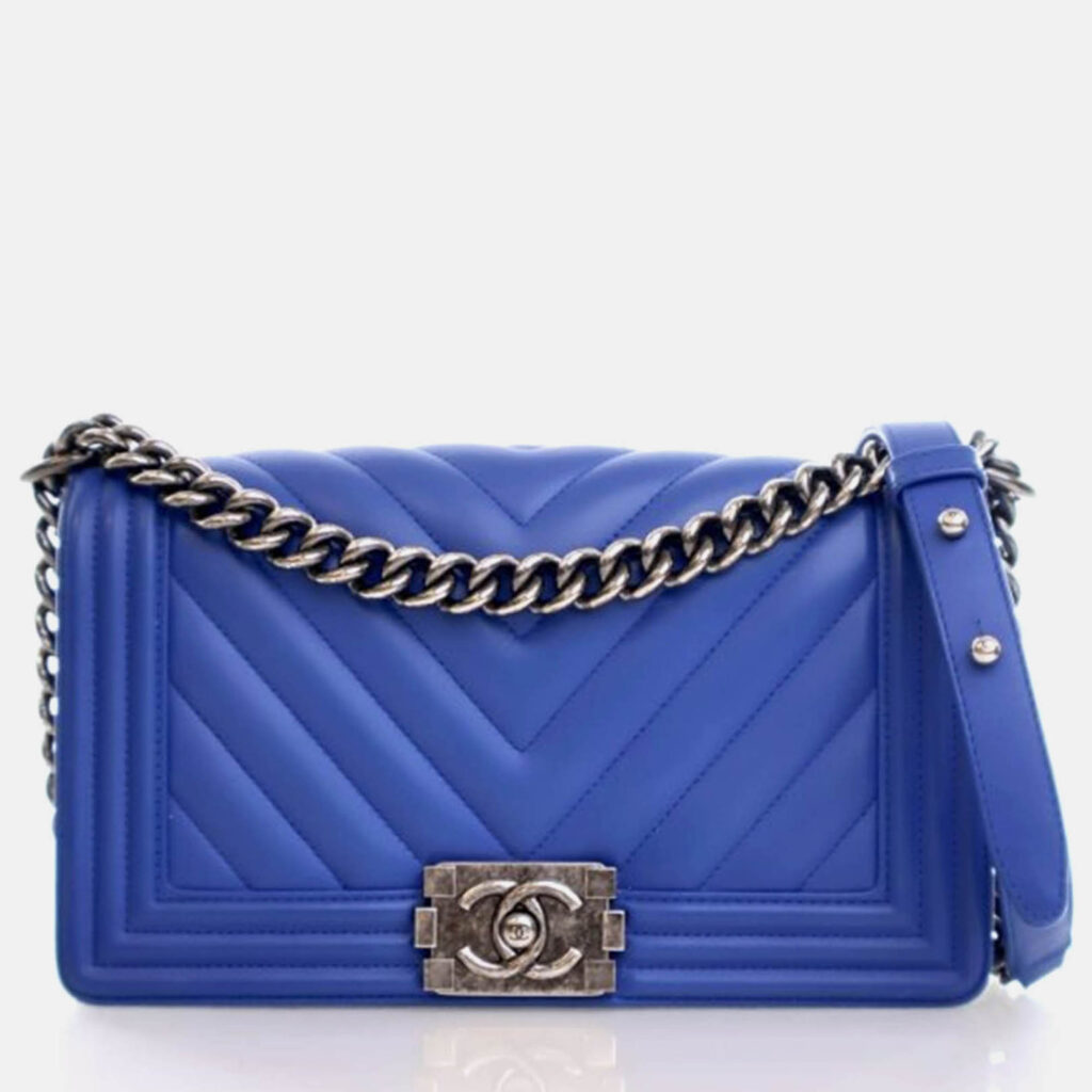 Chanel Chevron Medium Blue Calfskin Boy Flap Bag