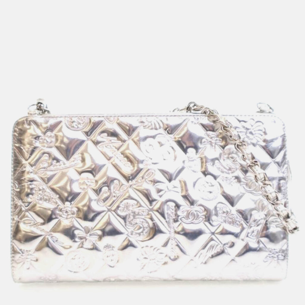 Chanel Pochette Silver Patent Leather Precious Symbols Bag Chanel Pochette Silver Patent Leather Precious Symbols Bag