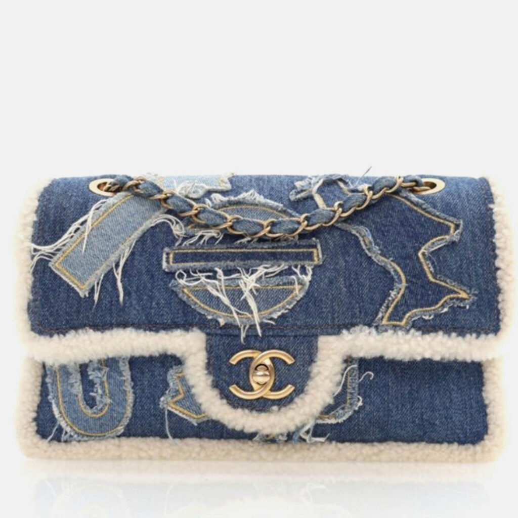 Chanel Egyptian Hieroglyph Classic Flap Medium Blue Denim Shoulder Bag