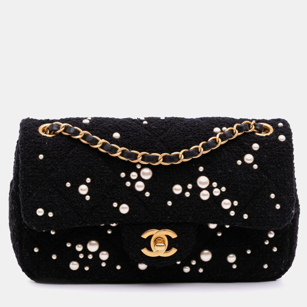 Chanel Black Small Tweed Pearl Cosmos Flap Bag