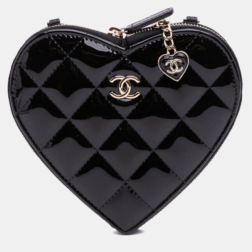Chanel Black Quilted Patent Calfskin CC Heart Clutch With Chain Chanel Black Quilted Patent Calfskin CC Heart Clutch With Chain