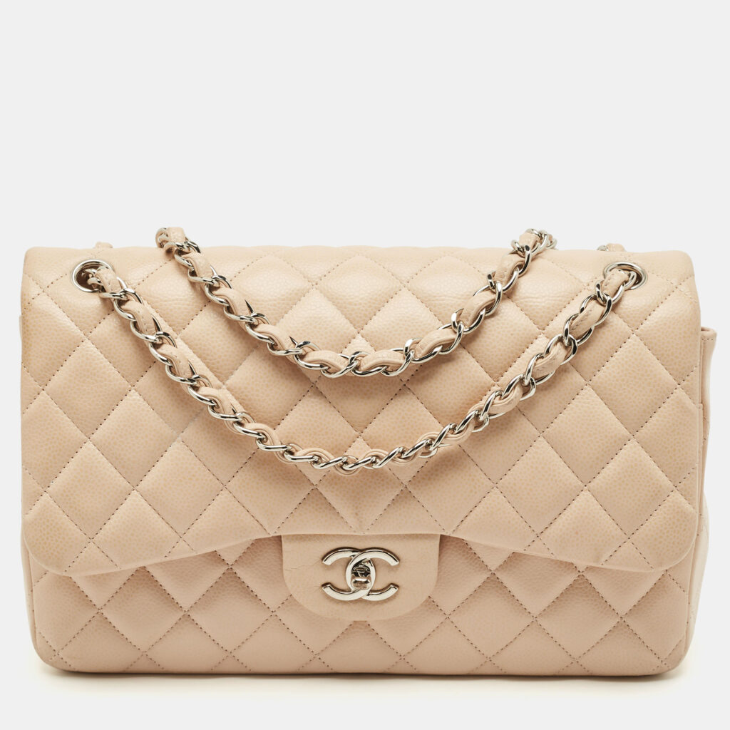 luxury-women-chanel-used-handbags-p1187160-014-1.jpg Chanel Light Beige Quilted Caviar Leather Jumbo Classic Double Flap Bag