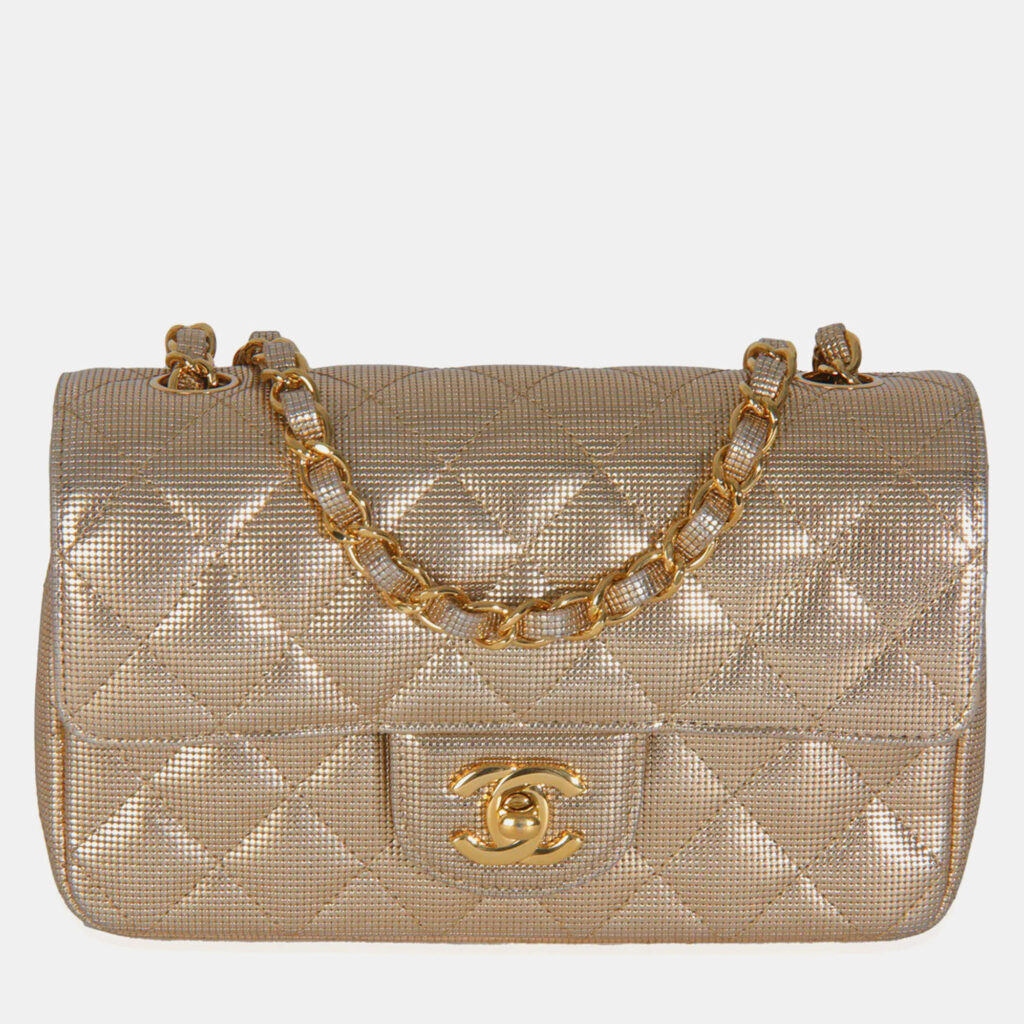Chanel Gold Metallic Lambskin Perforated Mini Rectangular Flap Bag Chanel Gold Metallic Lambskin Perforated Mini Rectangular Flap Bag