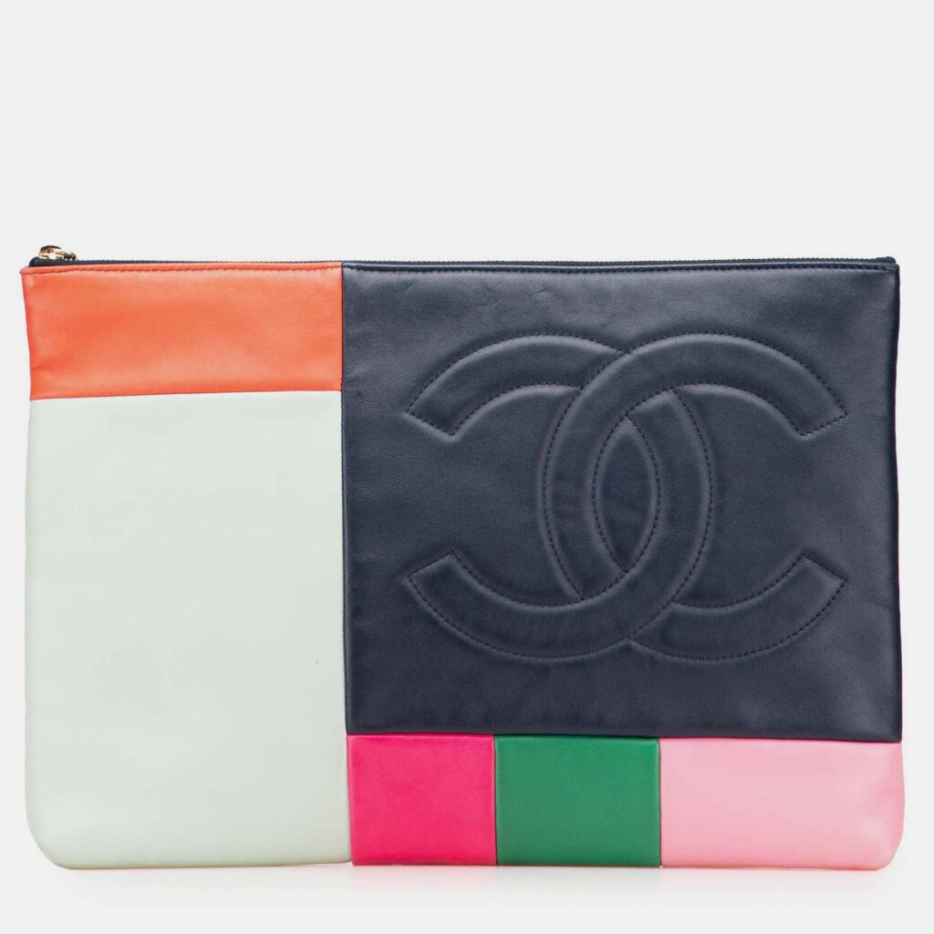 Chanel Blue Large Lambskin Colorblock Patchwork O Case