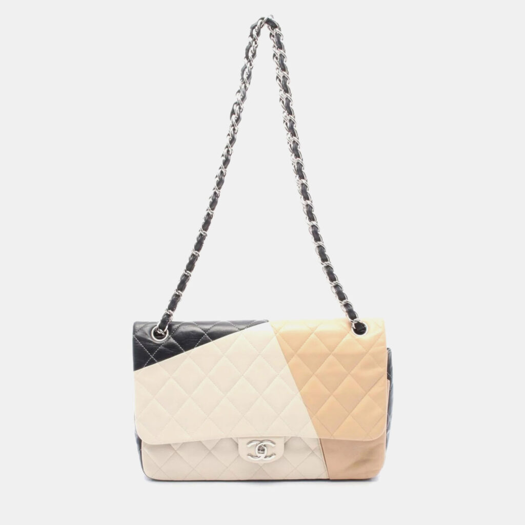 Chanel Classic Double Flap Black White Beige Lambskin Shoulder Bag Chanel Classic Double Flap Black White Beige Lambskin Shoulder Bag