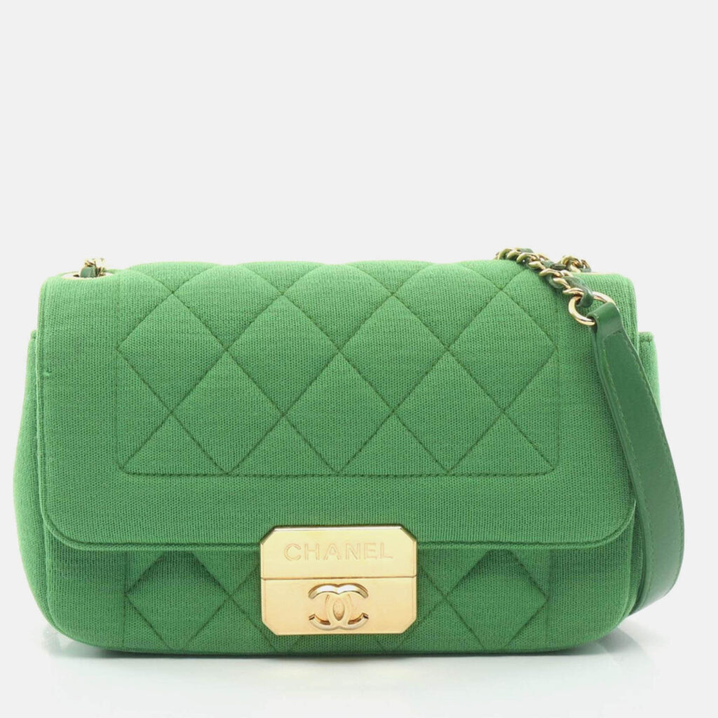 Chanel Matelasse Green Cotton Jersey Leather Single Flap Shoulder Bag
