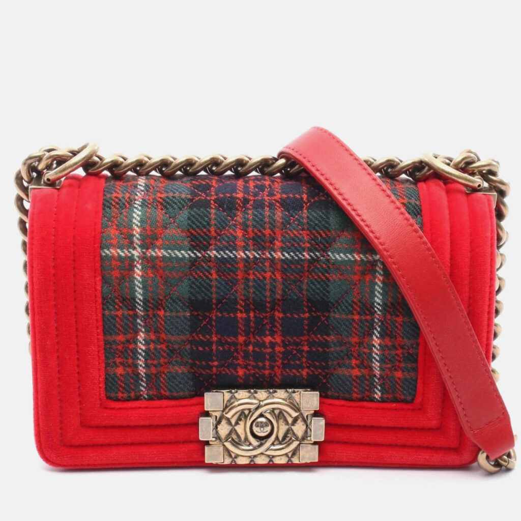 Chanel Boy Small Red Green Multicolor Fabric Canvas Shoulder Bag Chanel Boy Small Red Green Multicolor Fabric Canvas Shoulder Bag