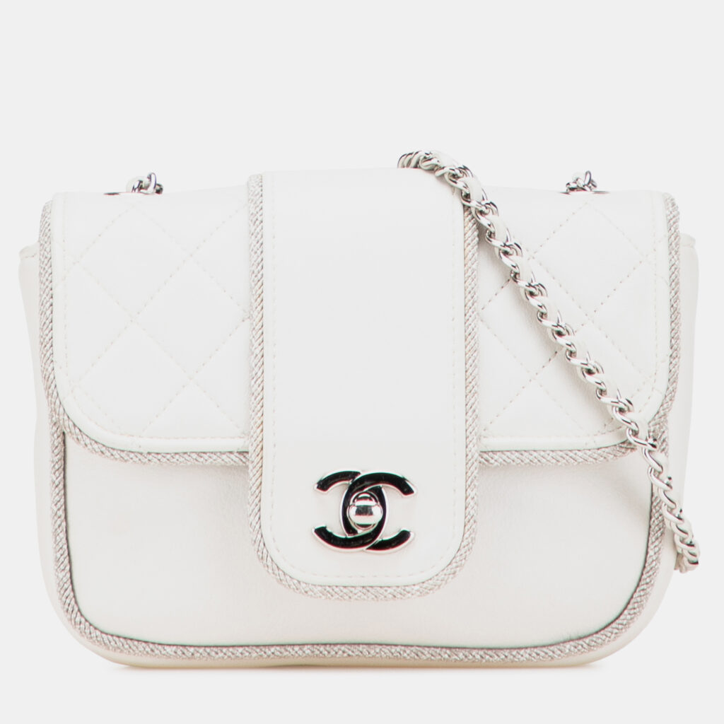 Chanel White Mini Quilted Lambskin and Metallic Trim Elementary Chic Flap
