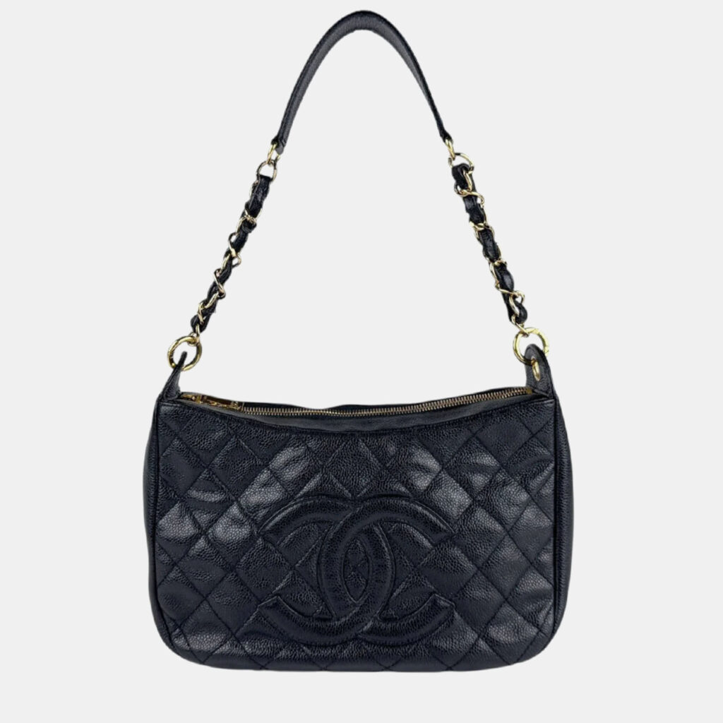Chanel Shoulder Bag Matelasse Caviar Skin Leather Black Gold Chanel Shoulder Bag Matelasse Caviar Skin Leather Black Gold