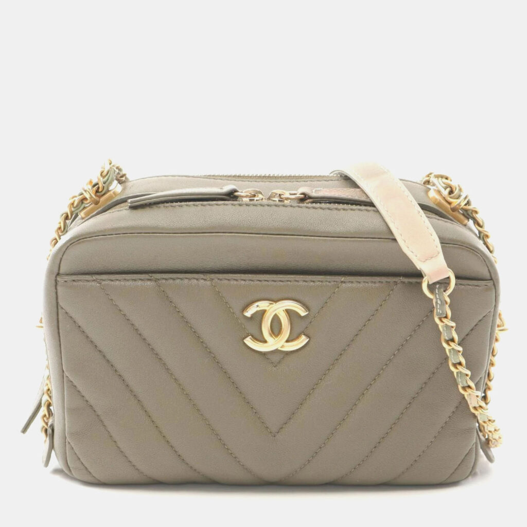 Chanel Chevron V-Stitch Khaki Lambskin Shoulder Bag