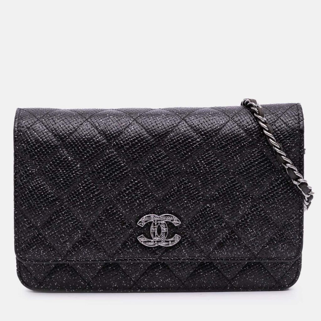 Chanel Black CC Quilted Glittered Calfskin Wallet On Chain