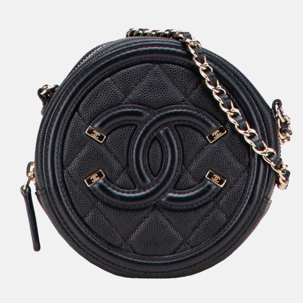 Chanel Black Caviar CC Filigree Round Clutch with Chain