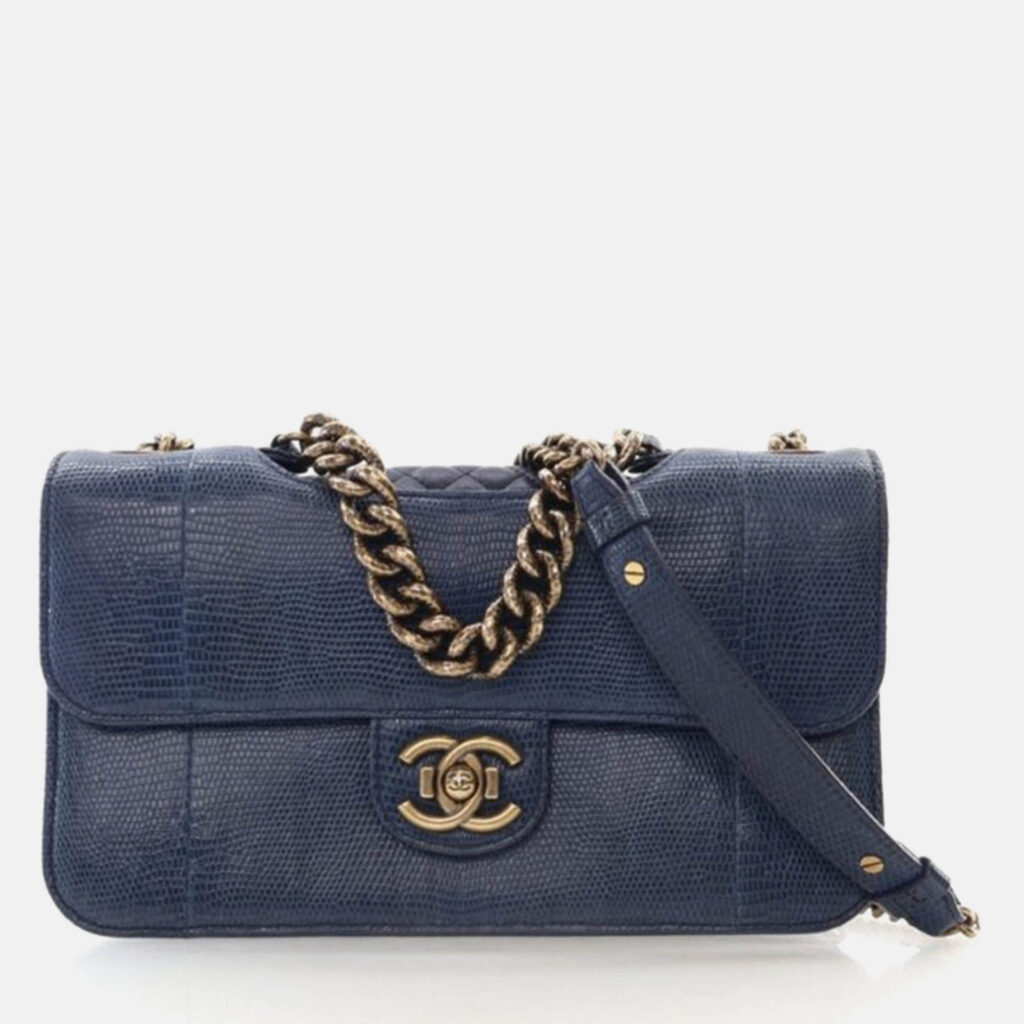Chanel Perfect Edge Flap Bag Medium Blue Lizard Shoulder Bag