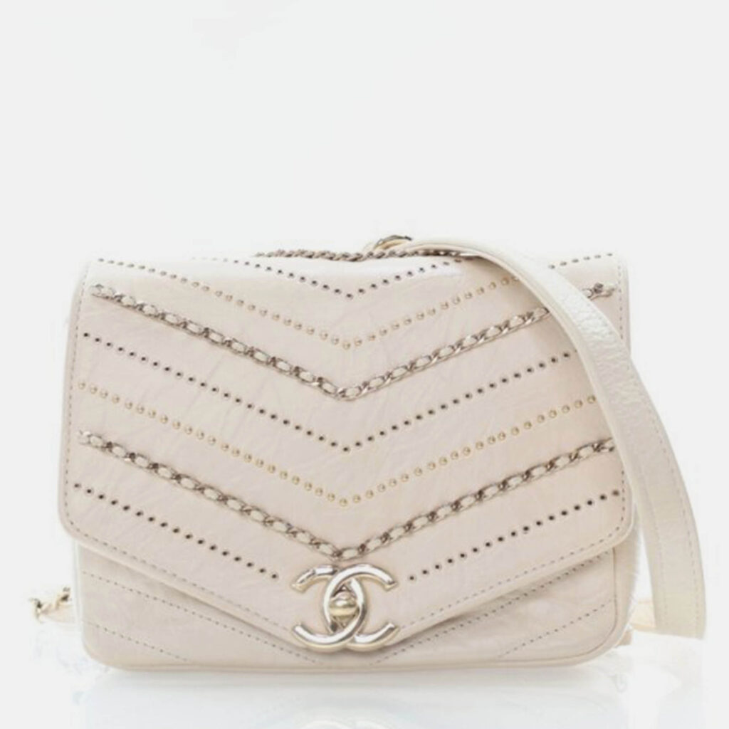 Chanel Chevron Flap Mini Cream Crinkled Calfskin Square Chain Shoulder Bag