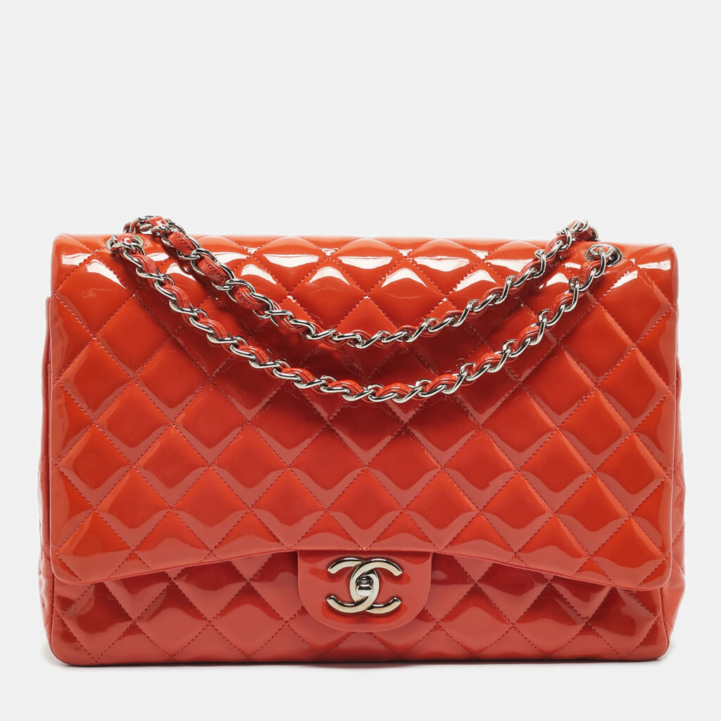 Chanel Orange Patent Leather Maxi Classic Double Flap Bag