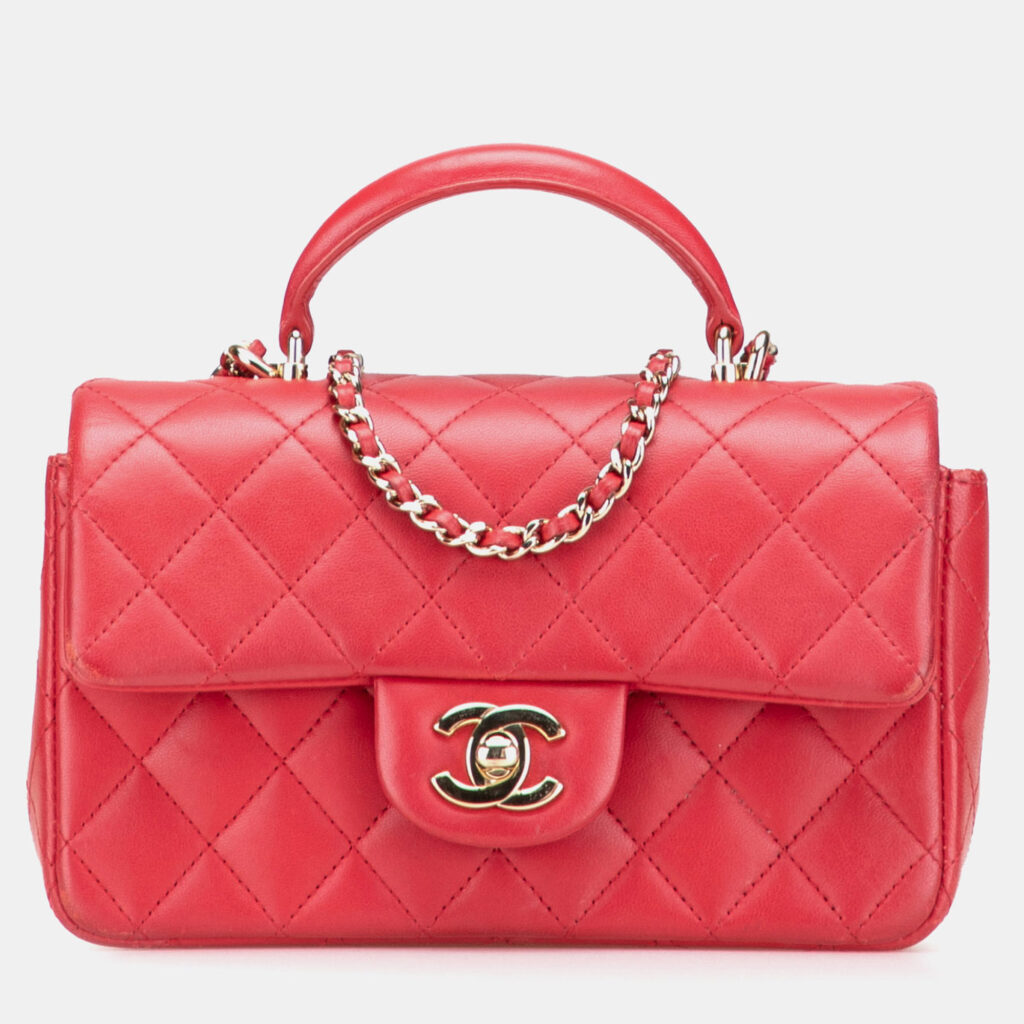 Chanel Red Mini Rectangular Lambskin Top Handle Single Flap