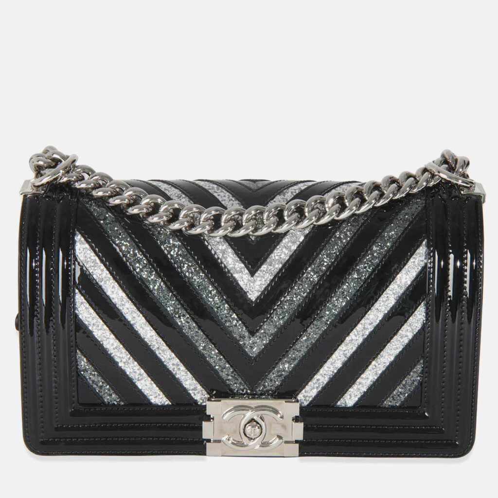 Chanel Black Patent Chevron Glitter PVC Old Medium Boy Bag Chanel Black Patent Chevron Glitter PVC Old Medium Boy Bag