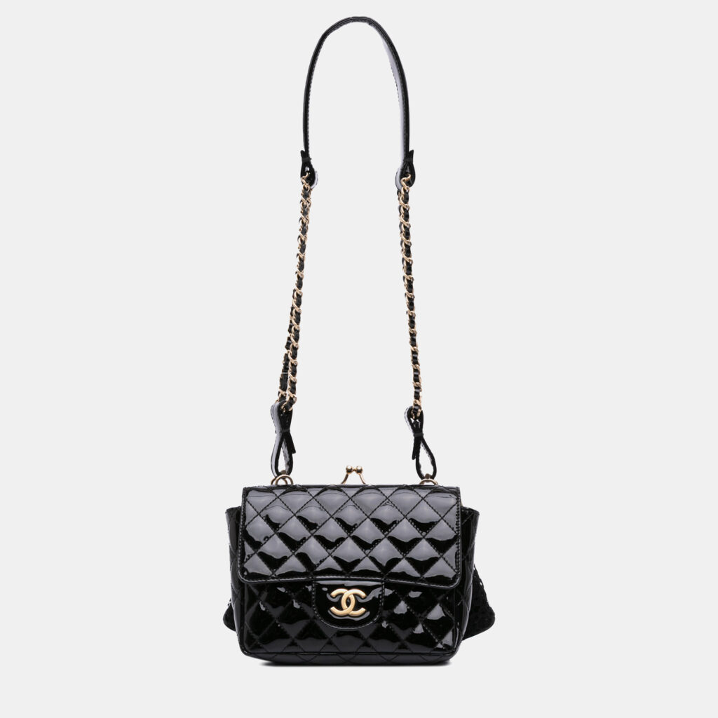 Chanel Black Mini Patent Lace Kiss Lock Flap Double Bag Chanel Black Mini Patent Lace Kiss Lock Flap Double Bag